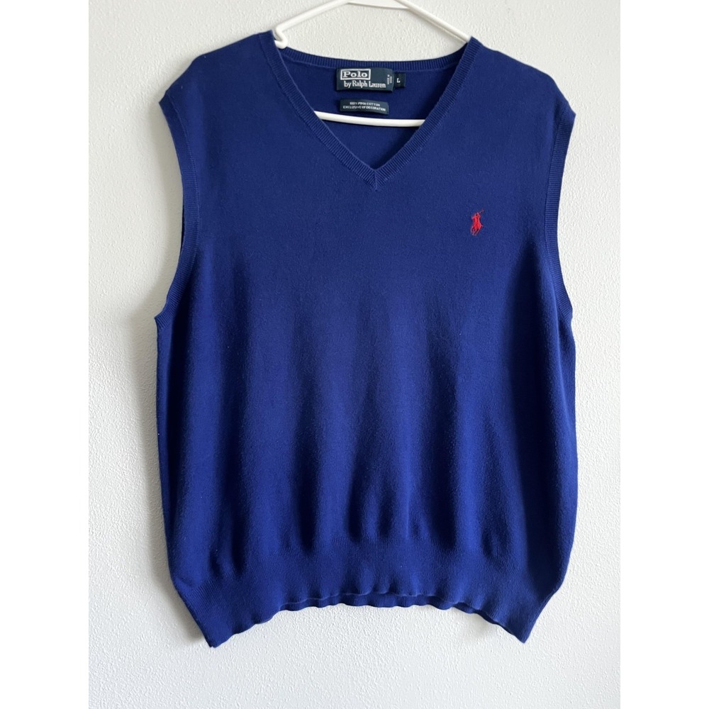 Polo‎ By Ralph Lauren Sweater Vest Mens Large Blue Knit Cotton V Neck Pony Logo
